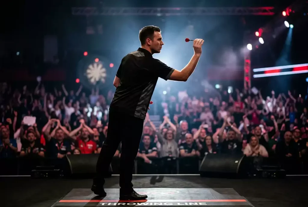 Darts WM Favoriten 2026 – Dartsspieler wirft auf der Bühne im Alexandra Palace