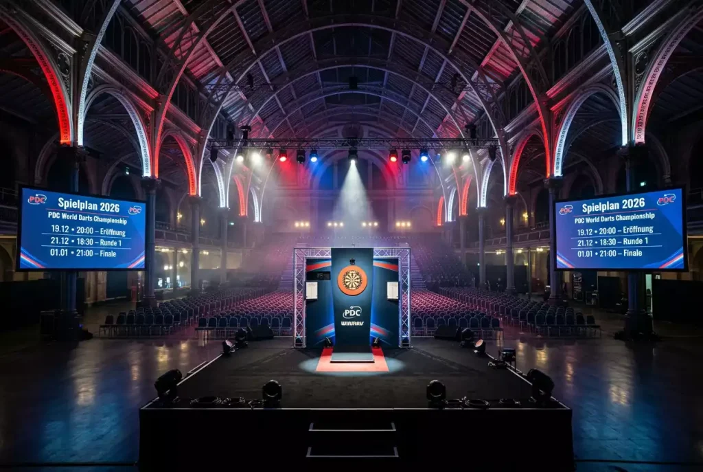 Darts WM Spielplan 2026 – Alexandra Palace Bühne vor dem Turnierstart