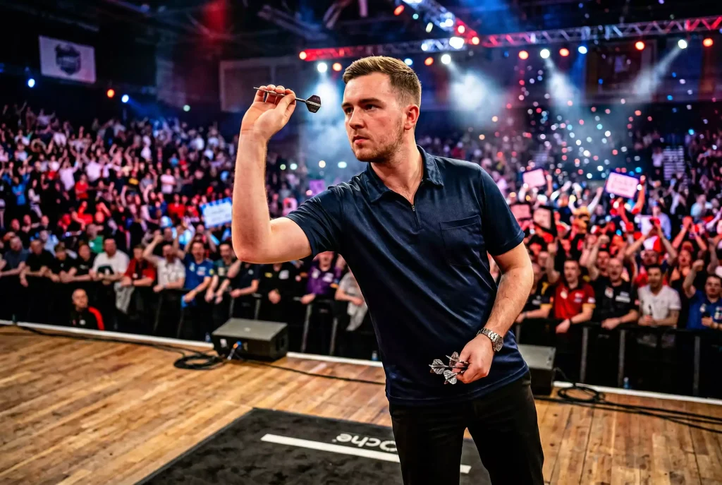 Luke Humphries WM Analyse – erfahrener Dartsspieler in Siegespose