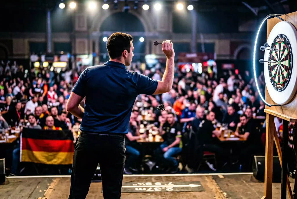 Luke Littler Wetten – junger Dartsspieler in Wurfposition auf der WM-Bühne