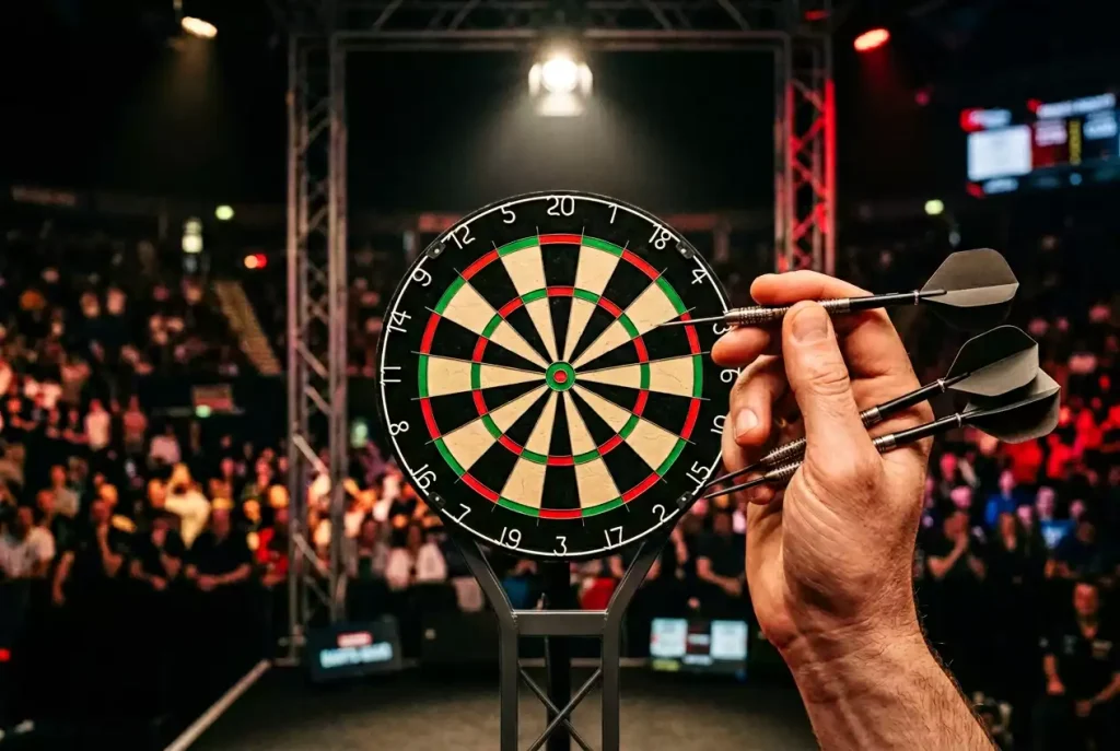 PDC Darts-WM Format und Regeln – Dartscheibe mit Pfeilen im Alexandra Palace